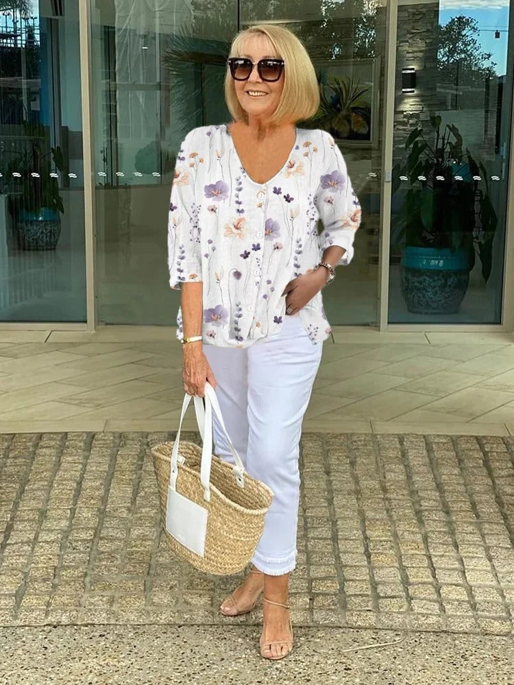 Rikke | Blomstret Bluse Dame V-udskæring Knapper