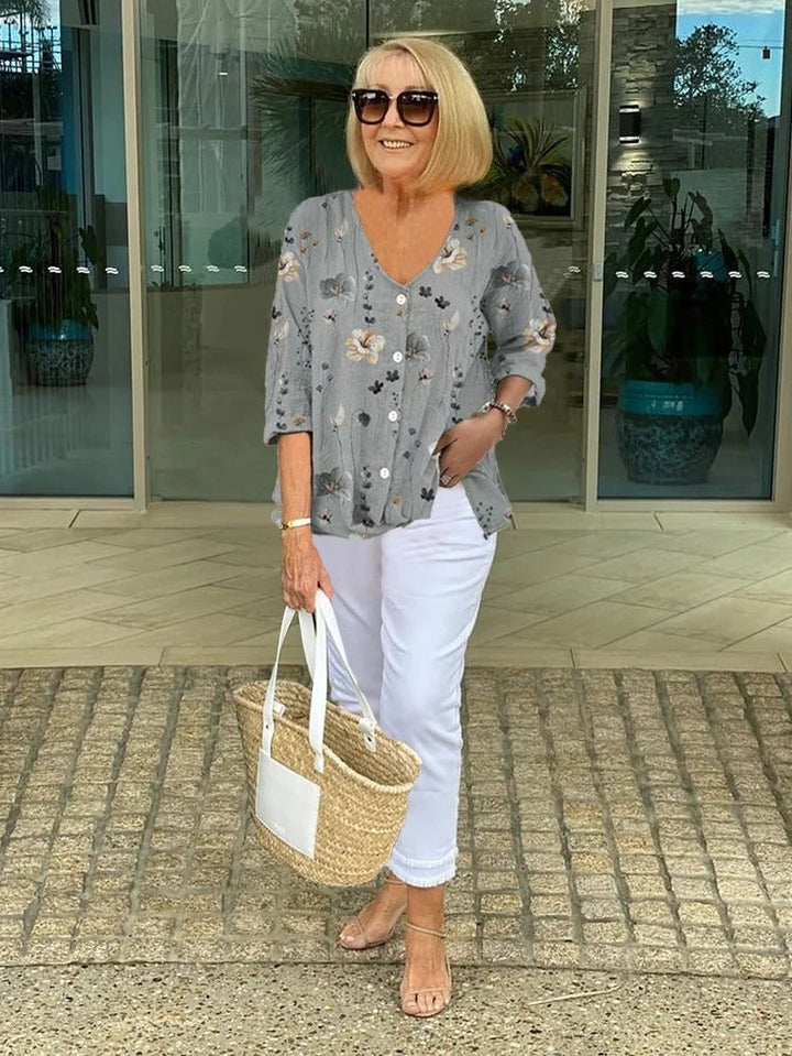 Rikke | Blomstret Bluse Dame V-udskæring Knapper