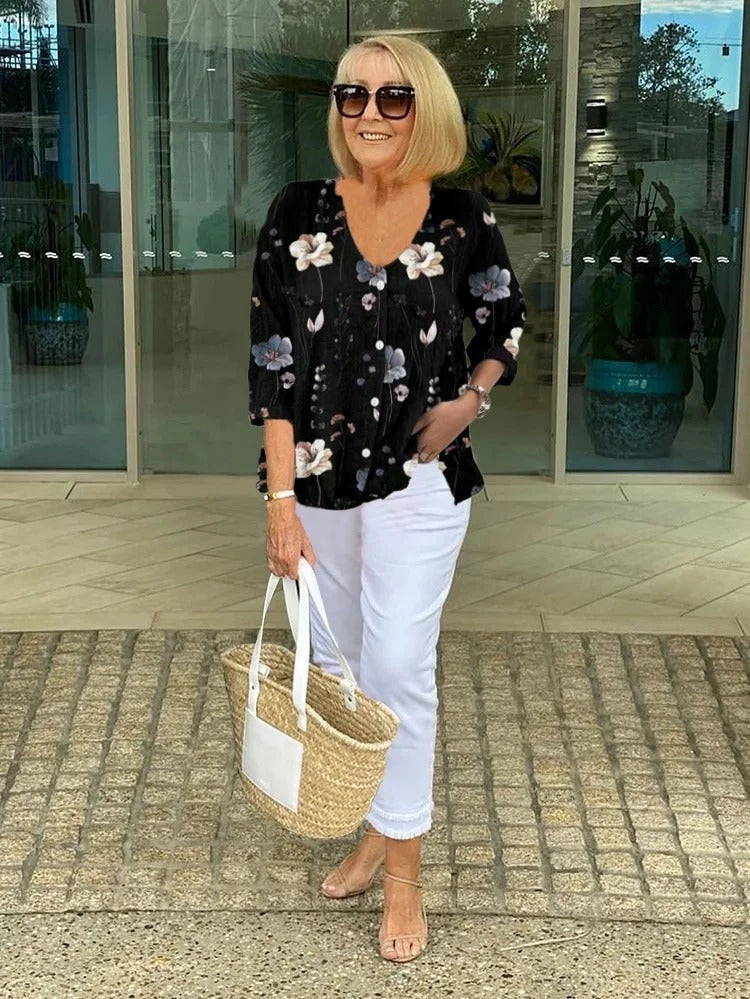 Rikke | Blomstret Bluse Dame V-udskæring Knapper