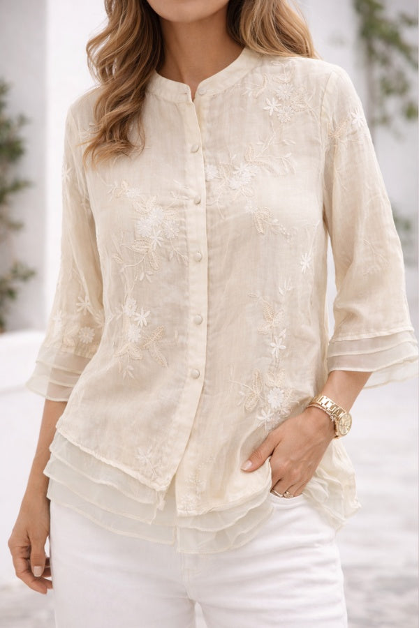 Susanne | Blomstret Bluse Dame med Broderi og Flæseærmer