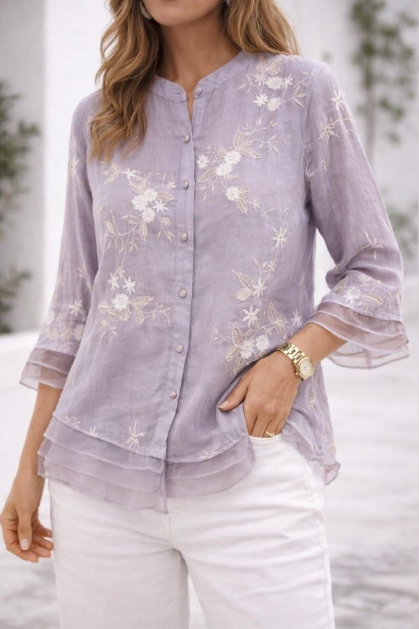 Susanne | Blomstret Bluse Dame med Broderi og Flæseærmer