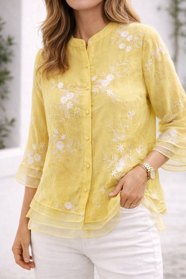 Susanne | Blomstret Bluse Dame med Broderi og Flæseærmer