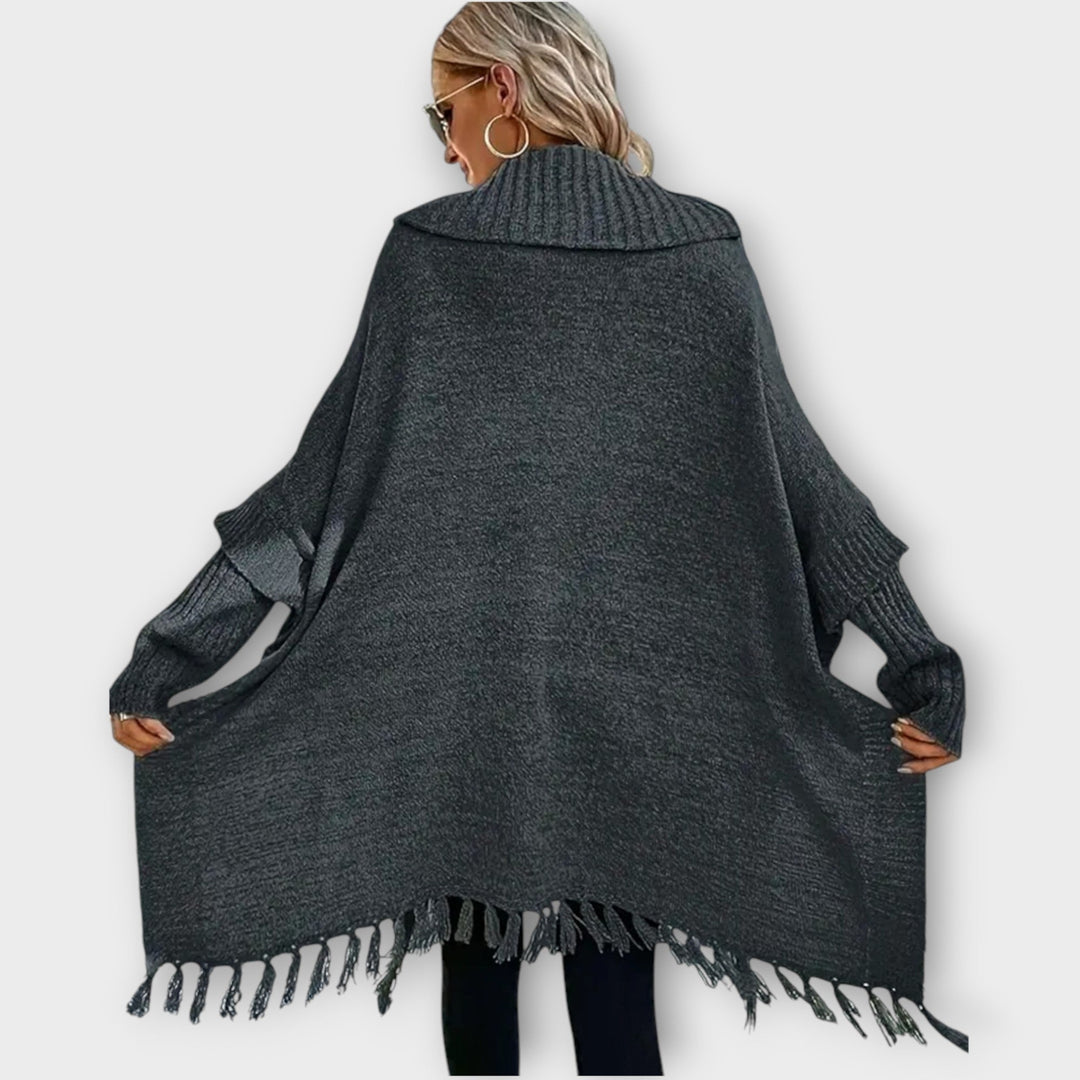 Thea | Poncho Strik Jakke Dame Høj Krave Frynser