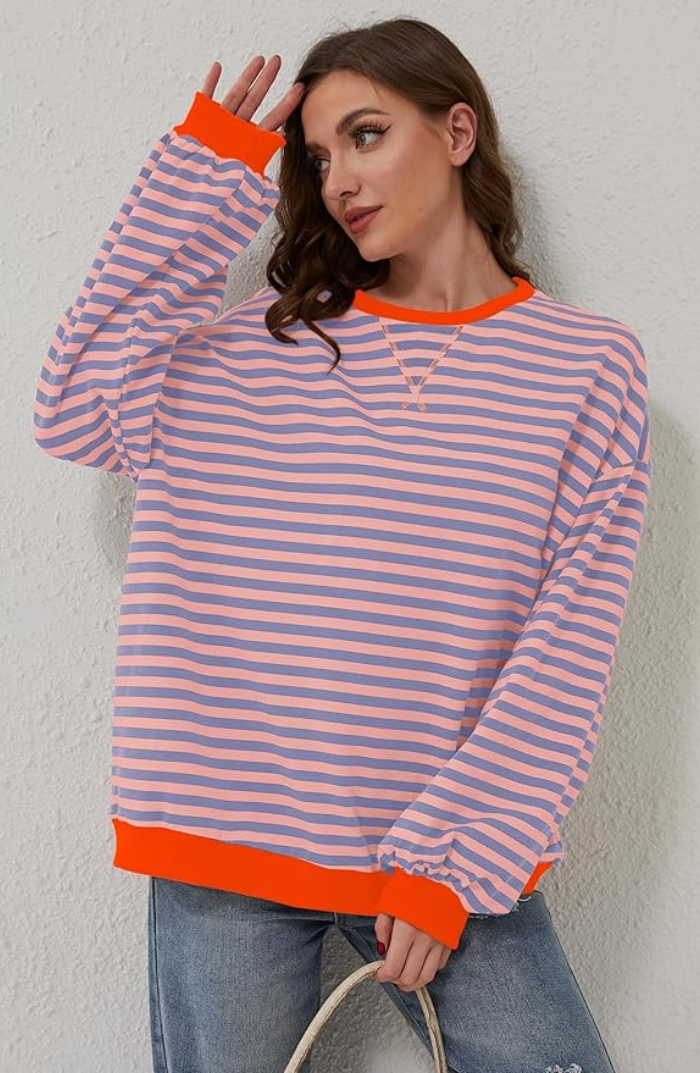 Trine | Sweatshirt Dame Stribet Oversize Drop Shoulder