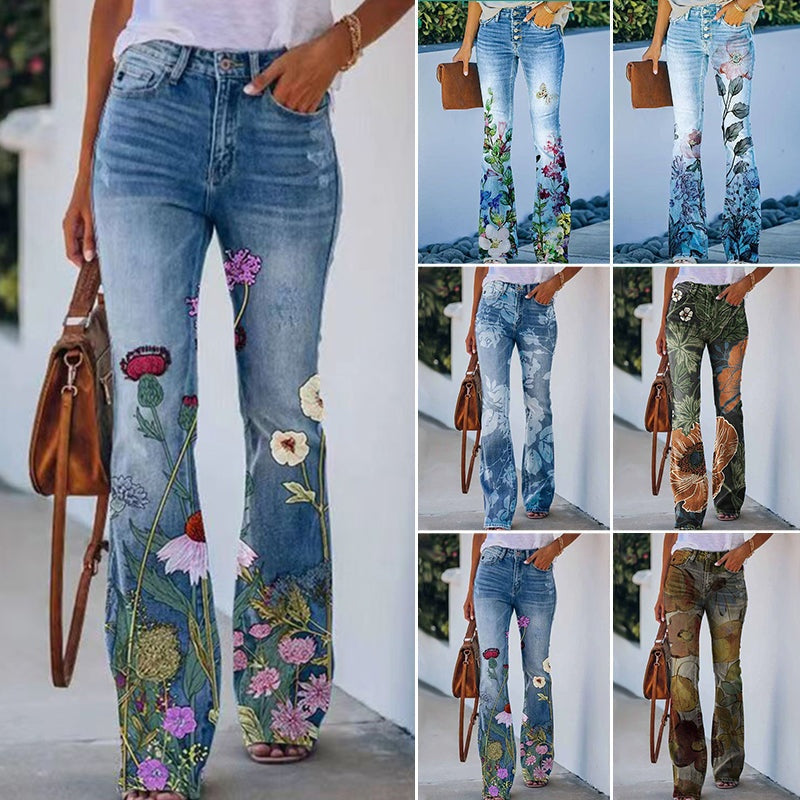 Vilma | Jeans Dame Blomstret Flare Høj Talje