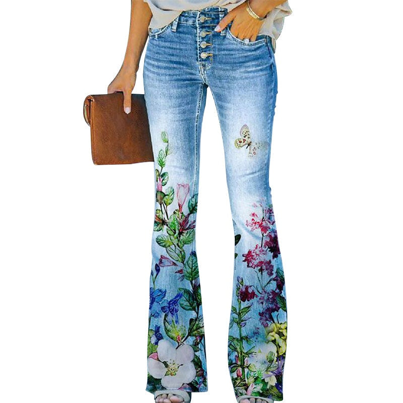 Vilma | Jeans Dame Blomstret Flare Høj Talje