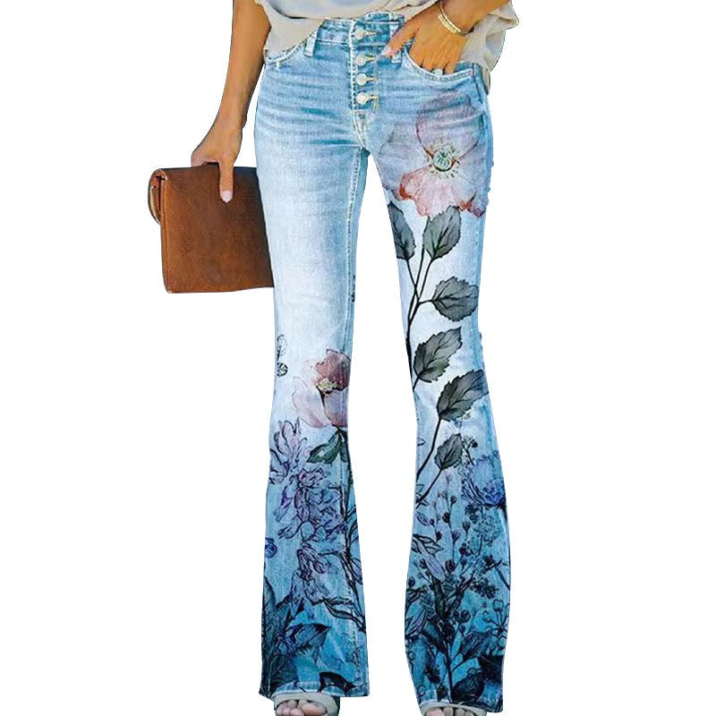 Vilma | Jeans Dame Blomstret Flare Høj Talje
