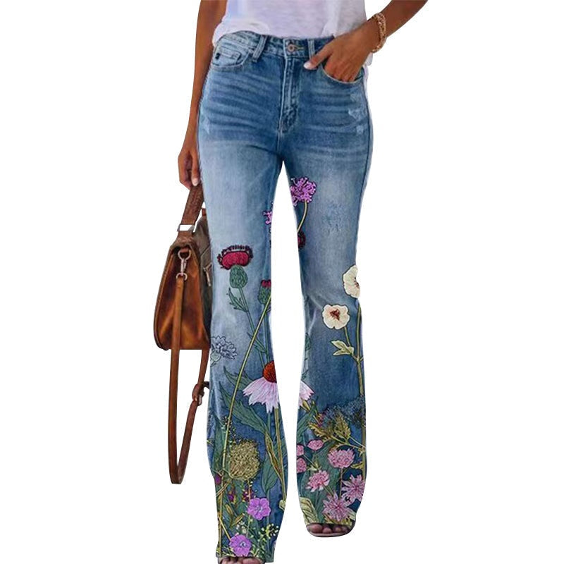 Vilma | Jeans Dame Blomstret Flare Høj Talje