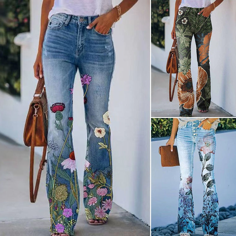 Vilma | Jeans Dame Blomstret Flare Høj Talje