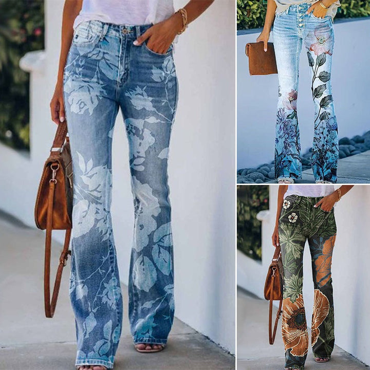 Vilma | Jeans Dame Blomstret Flare Høj Talje
