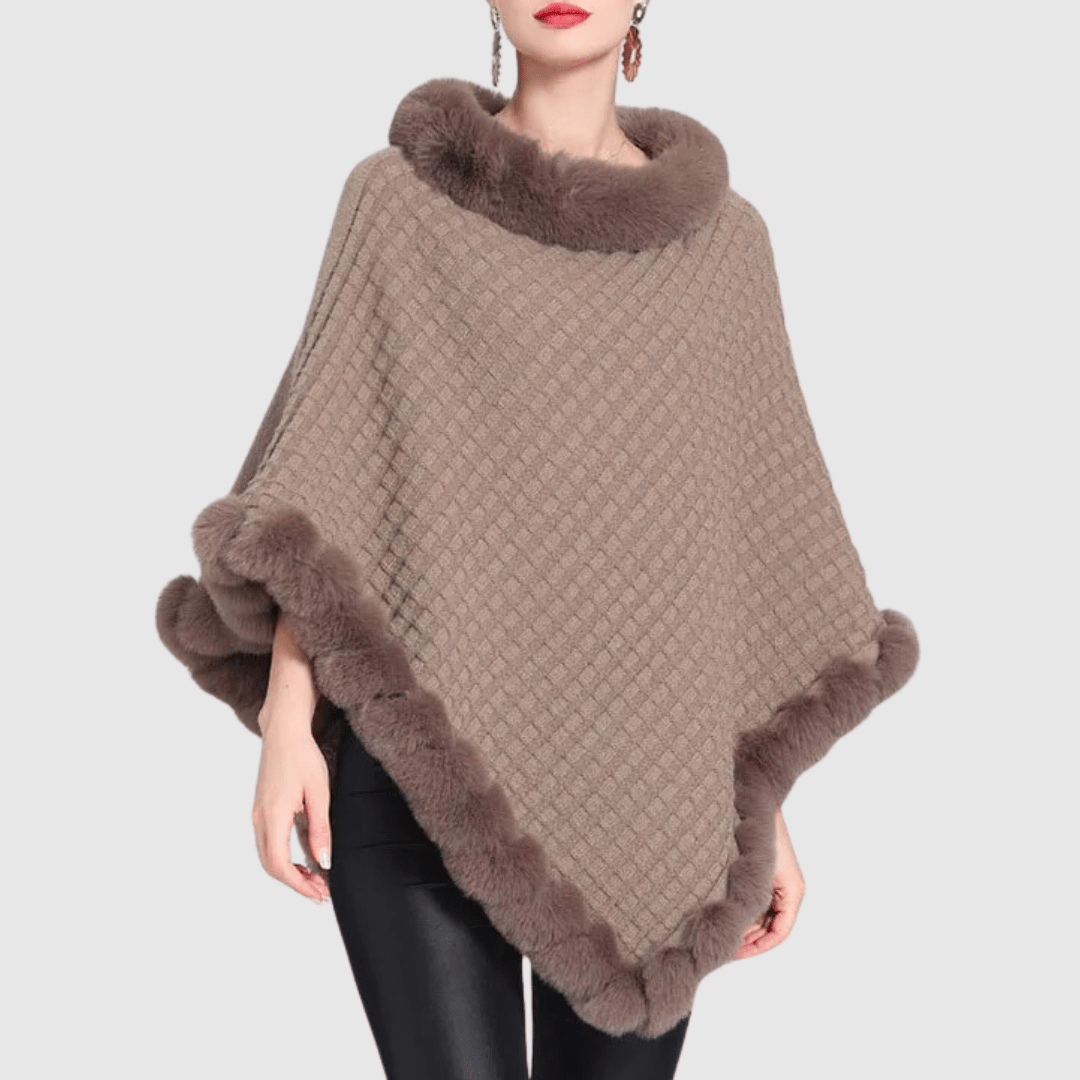 Vilma | Poncho Dame med Kunstpels Krave og Kant