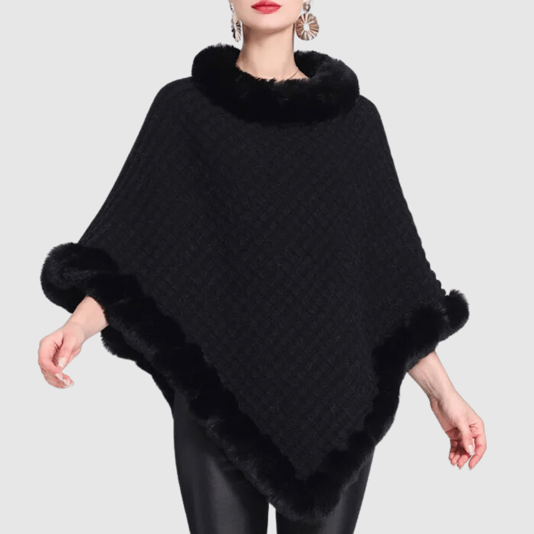 Vilma | Poncho Dame med Kunstpels Krave og Kant